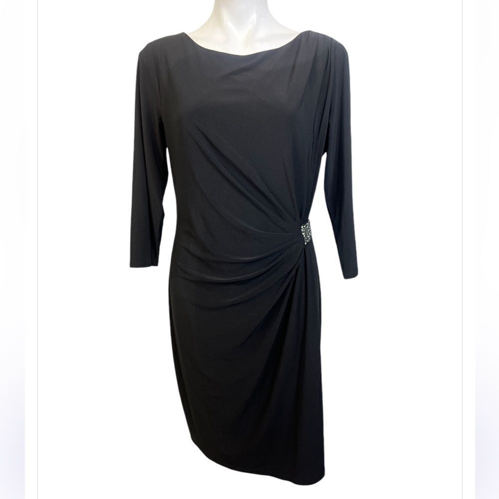 Tahari ASL dress size 10 black side ruched embellished‎ sheath knee length -2